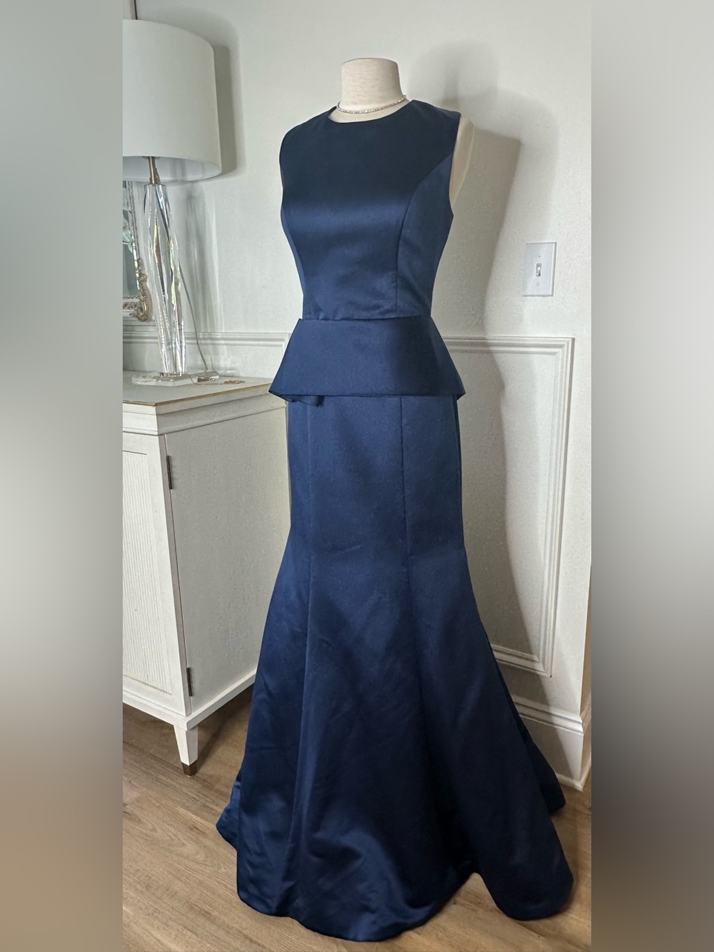 Jovani Navy Blue Satin Peplum Mermaid Gown